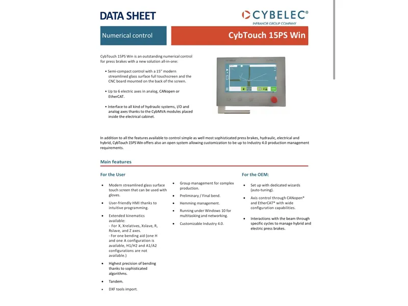 Cybelec CybTouch 15PS Win: Bringing Windows 10 Power to Mid-Range Press Brakes